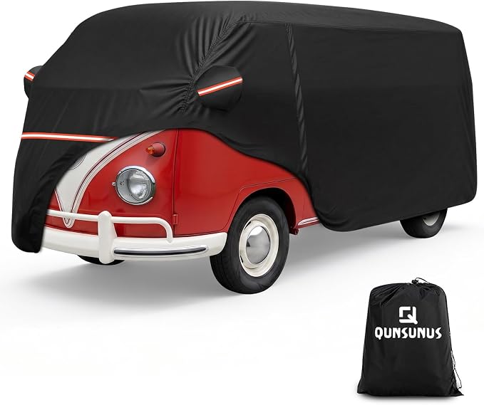 QUNSUNUS Car Cover for VW Bus T1 T2 T3 1950-1992, Waterproof VW Bus Cover with Cotton Lining, All Weather VW Van Cover with Straps and Zipper for Wind, Sun, UV and Dust Protection