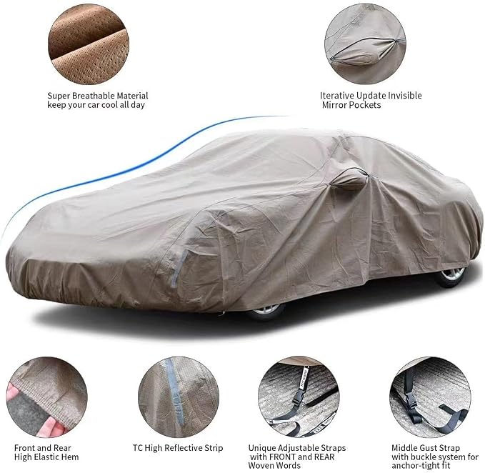Tecoom Waterproof All-Weather Car Cover, Thick Non-Woven Outdoor Full Cover with Hidden Zippered Mirror Pockets, Rain Sun Wind Hail Protection, Universal Fit 167–172" for BMW Z4