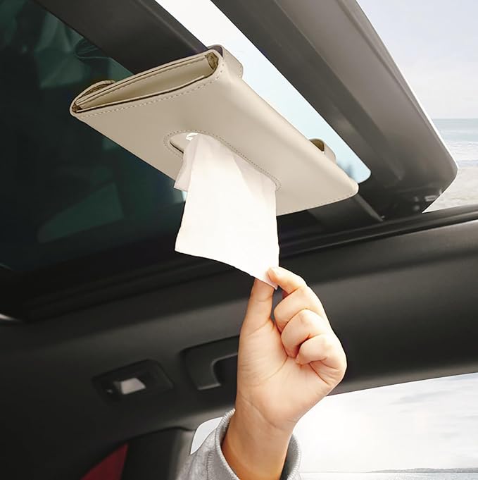 YVPSI Car Tissue Holder Sun Visor Napkin Holder with Tissue (Beige) | Refill Car Mask Holder PU Leather Tissue Box Tissue Box Holder Hanging Tissue Holder Mask Dispenser for Car