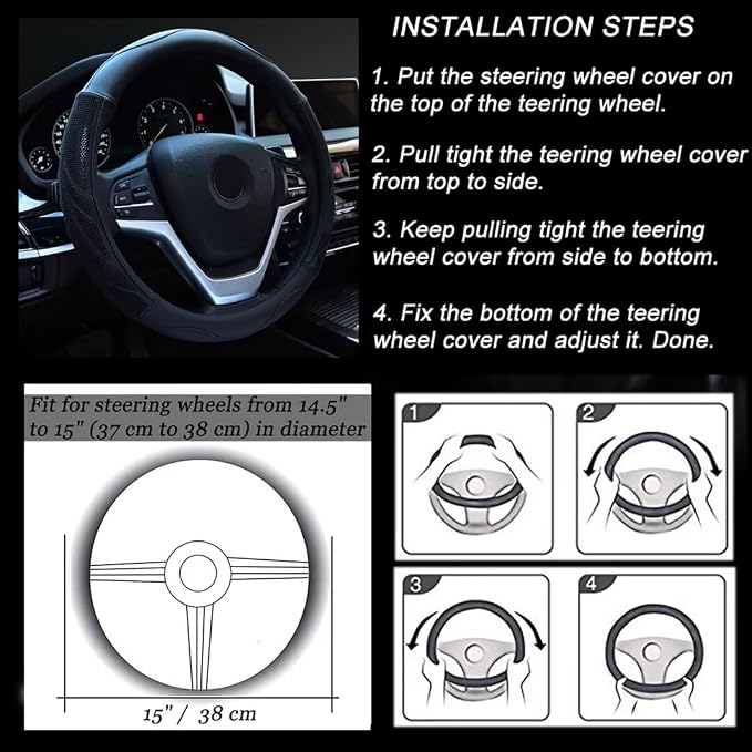 Alusbell Breathable Auto Car Steering Wheel Cover for Men and Women Microfiber Leather 15 Inches Black