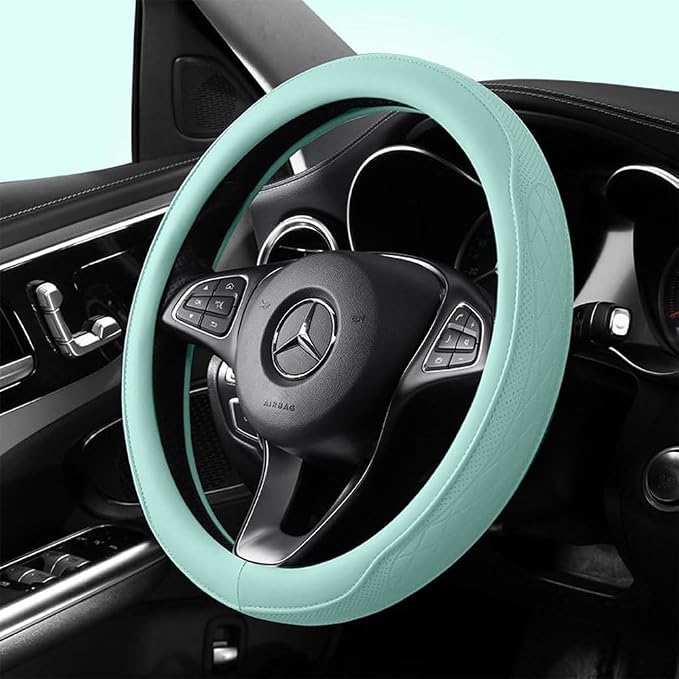 Light Green Steering Wheel Cover for Women, Cute Perforated Leather Car Steering Wheel Cover with Odorless Rubber Inner, Non-Slip Universal Fit (Light Green)