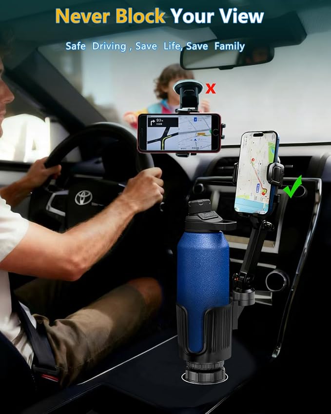 Cup Phone Holder for Car Cup Holder with Expandable Base, Detachable Dual Cellphone Holder Cupholder Car Mount with Long Arm Universal Fit iPhone and Large Bottle, for Truck SUV