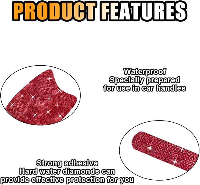 JOYCOURT 10PCS Bling Car Door Handle Anti-Scratch Sticker, Red | Universal Car Door Handle Cup Protective Cover, Adhesive Door Bowl Sticker, Shiny Rhinestone Auto Decor Accessories for Women