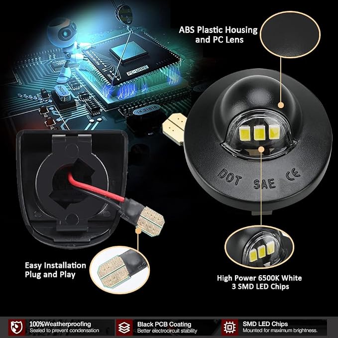 D-Lumina LED License Plate Light Tag Lamp with Socket Wiring Harness for Fo-rd F150 F250 F350 F450 F550 Super Duty Ranger Explorer Bronco Excursion Expedition, Powered by 3-SMD 6500K White, Pack of 2