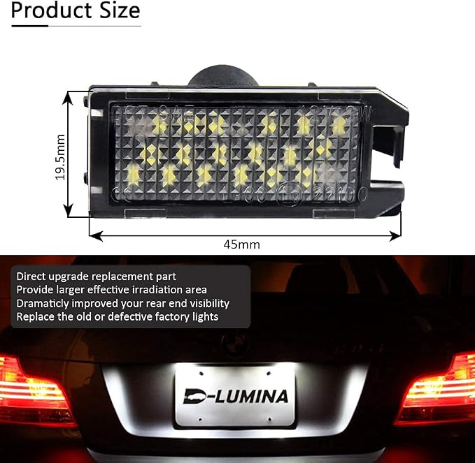 D-Lumina LED License Plate Light Tag Lamp Assembly Compatible with 2013-2019 FIAT 500, Maserati Levante ＆ Dodge Viper, Je-ep Grand Cherokee Compass Patriot, Powered by 18-SMD White 6000K Pack of 2