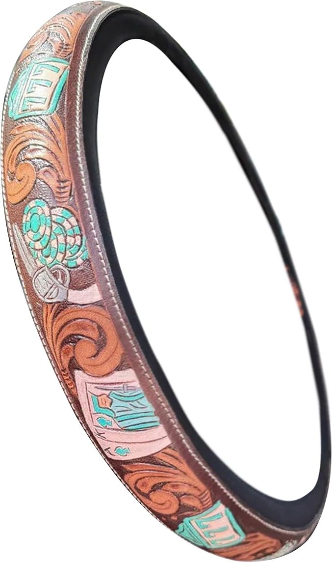 Western Cowboy Steering Wheel Cover - Retro Tooled Leather, Embossed Hand-Painted Design, Universal 15 Inch Anti-Slip Cover for SUV, Truck, Car, Breathable All-Weather, Easy to Install (Style-E)