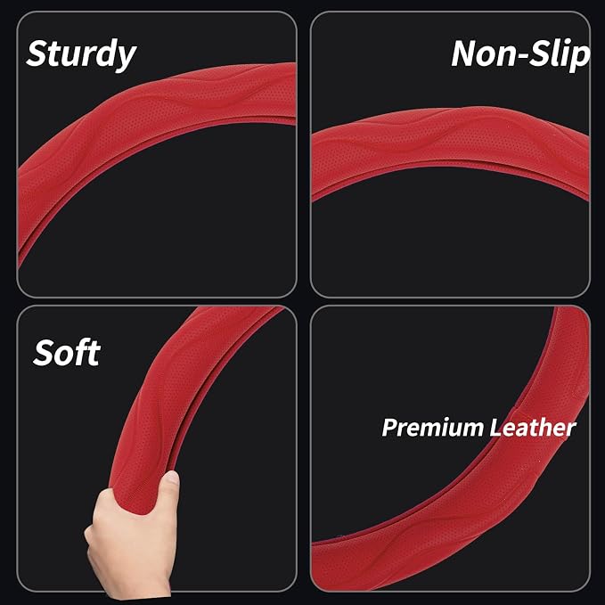 Steering Wheel Cover with Anti-Slip Leather Grip Compatible with Ford, Toyota, Honda, Nissan, and Chevrolet Vehicles for 14.5-15.35 inch Round Steering Wheels Universal Car Accessories
