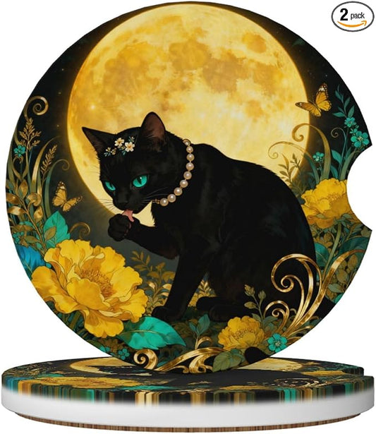 Black Cat Golden Moon Flower Bushes 2 Pack Car Cup Holder Coasters Absorbent Ceramic Drink Coasters 2.56" Anti Slip Cup Mat with Cork Base Finger Notch Auto Accessories Interior for Women Men