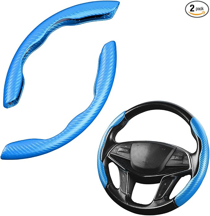 Steering Wheel Cover, 2PCS Segmented Steering Wheel Protector, Carbon Fiber Anti-Slip and Durable Car Accessory, Universal Fit for Most Cars，SUVs (Carbon Fiber Light Blue)