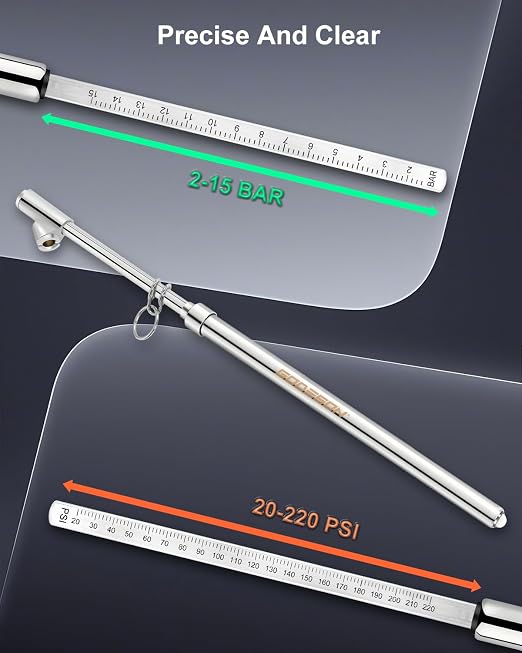 GODESON 13.5" Dual Head Tire Pressure Gauge, 20-220PSI/2-15Bar High Accuracy Semi trcuk tire Gauge, Heavy Duty Pencil Pressure Gauges Checker for RV & Truck, Stainless Steel Solid Body, Portable