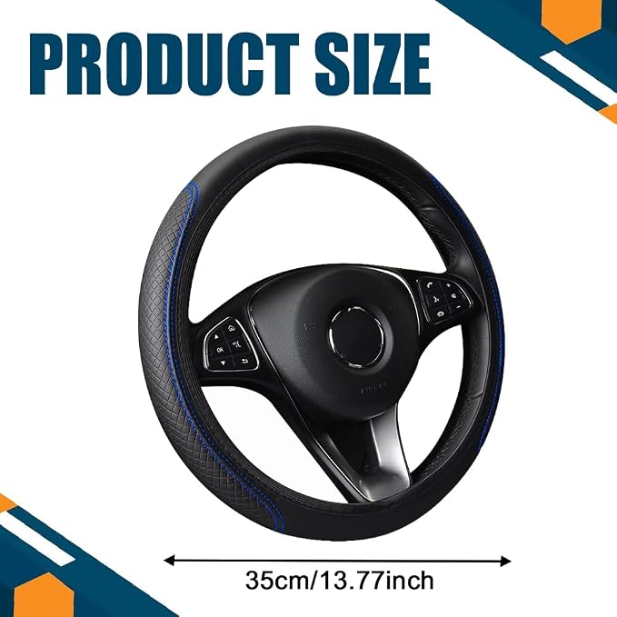 Car Steering Wheel Cover, Universal 14.5-15 Inch Black Leather Steering Wheel Wrap with Better Sport Grip for Men Women, Anti-Slip Breathable Car Interior Accessories for Most Vehicles (Black blue2)