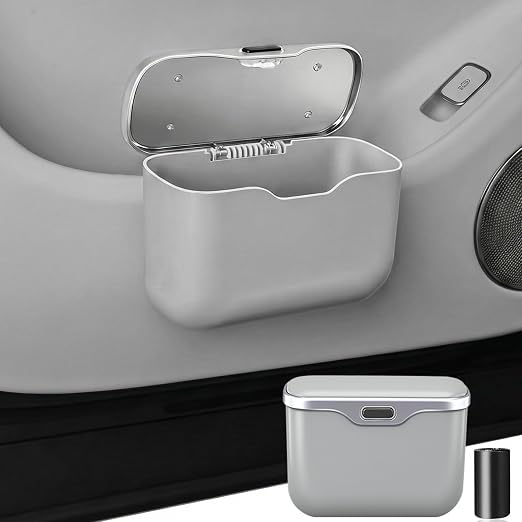Hanging Car Trash Can, Leakproof Garbage Bin with Lid, Gary | ABS Construction, Clip-On Door/Back Seat Pocket Mount, Waterproof Liner, Push-Top Opening, For Suvs, Trucks, Sedans, Vans