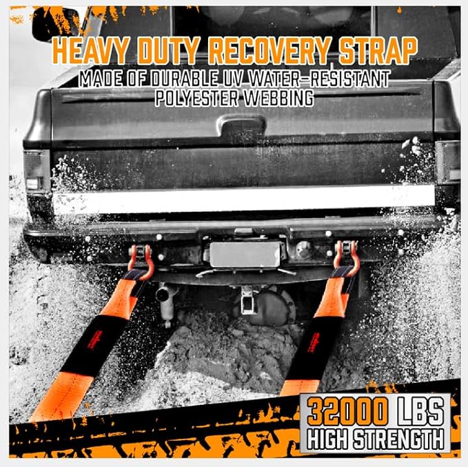 HORUSDY Nylon Heavy Duty Tow Strap Recovery Strap with Hooks 3" x 30Ft - 32,000 LBS Break Strength, 3/4 D Ring Shackles (2pcs), Recover Your Vehicle Stuck in Mud/Snow