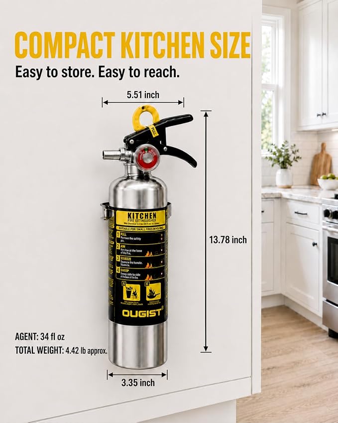 Ougist Class K Fire Extinguisher for Kitchen, 1-A:K, 40 Fl Oz Wet Chemical | For Small Cooking Oil and Grease Fires with Quick-Pull Access and Easier Cleanup for Kitchen and Food Truck Use