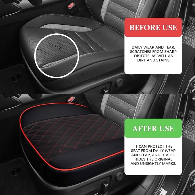 Leather Front Car Seat Cover, Anti-Slip Car Seat Bottom Covers, Full Wrapped Bottom Seat Protectors with Storage Pocket, Universal Comfortable Seat Cushion Fit Vehicles SUVs Trucks (Black Red)