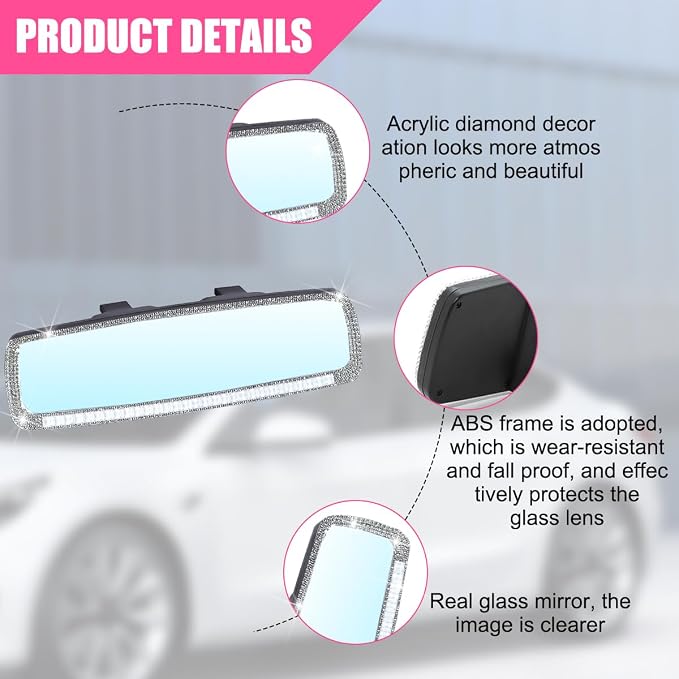 Bling Car Rear View Mirror, Crystal Rhinestones Auto Rearview Mirror with HD Glass, Universal for Most Cars, RVs, Trucks, Vehicle Interior Accessories for Women Girl (White)
