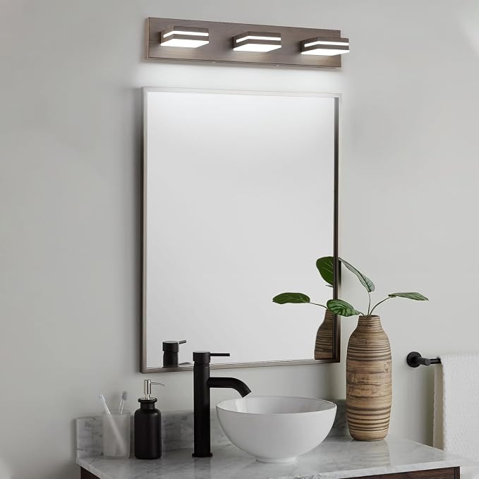SineRise LED Modern Bathroom Vanity Light Fixtures (3-Light, 24-Inch, Dimmable), Brown Wood Painted Modern Acrylic Bathroom Wall Lighting Fixtures Over Mirror (Cool White 6000K)