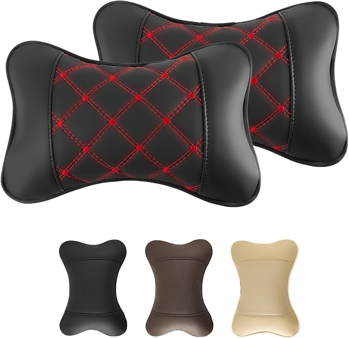 2 Pack Car Neck Pillow PU Leather Automotive Headrest Pillow for Car Support Neck Pain Relief Universal Car Pillow (Red Black)