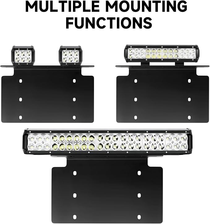 Universal License Plate Mounting Bracket for Pickups, 4x4, Off-Road, Trucks | Heavy duty steel universal mount. Fits 3", 7", 12", 14" & 20" LED light bars and spot lights.