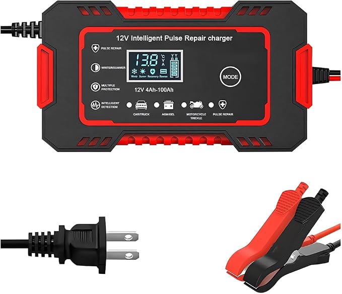Car Battery Charger, 12V 6A Smart Fully Trickle Vehicle Battery Charger & Desulfator with Temperature Compensation, Portable Automotive Power Maintainer, Universal Fit (Red)