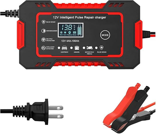 Car Battery Charger, 12V 6A Smart Fully Trickle Vehicle Battery Charger & Desulfator with Temperature Compensation, Portable Automotive Power Maintainer, Universal Fit (Red)