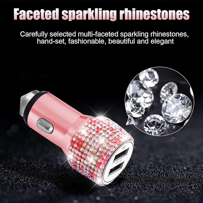 Bling Dual USB Car Charger with 3-in-1 Multi Fast Charging Cable, Dual Port Charger Adapter with Type C Micro USB Cord for iPhone, Android, Rhinestones Car Interior Accessories for Women(Pink)