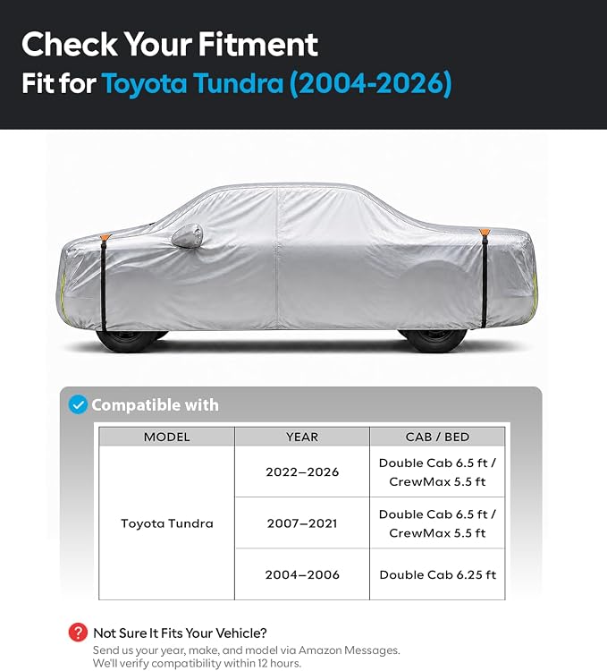 Wigoo Toyota Tundra Truck Cover Accessories 2004-2026, Waterproof All-Weather Pickup Cover, UV Sun Rain Snow Dust Protection, Paint-Safe Lining, Door Zipper, Reflective Strips
