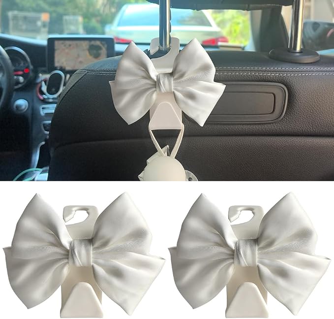 2-Pack Car Seat Headrest Hooks, Handbag Hangers, White silk | Storage organizer for handbags, clothes, coats and grocery bags; practical interior accessory for most cars and SUVs
