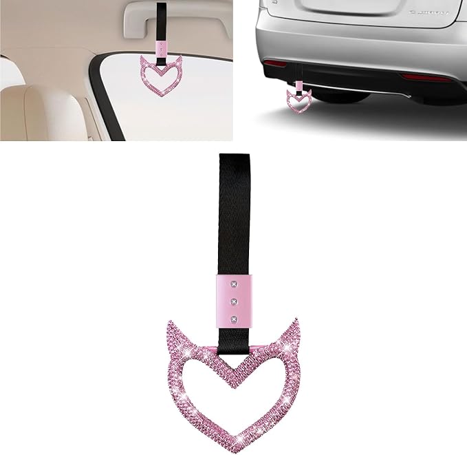 NBTEPEM Bling Heart Handle Keychains Bling Car Accessories for Women Hand Strap Drift Charm Rear Bumper Warning Ring Tsurikawa Heart Decor for Car Interior Exterior Decoration (Pink, Devil Style)