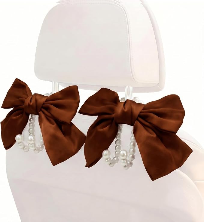 2PCS Satin Bow Pearl Car Seat Headrest Hooks – Car Bag Holder & Vehicle Hanger for Purses – Cute Coquette Aesthetic Interior Decoration – Cute Auto Organizer Accessories Universal (Woody Brown)
