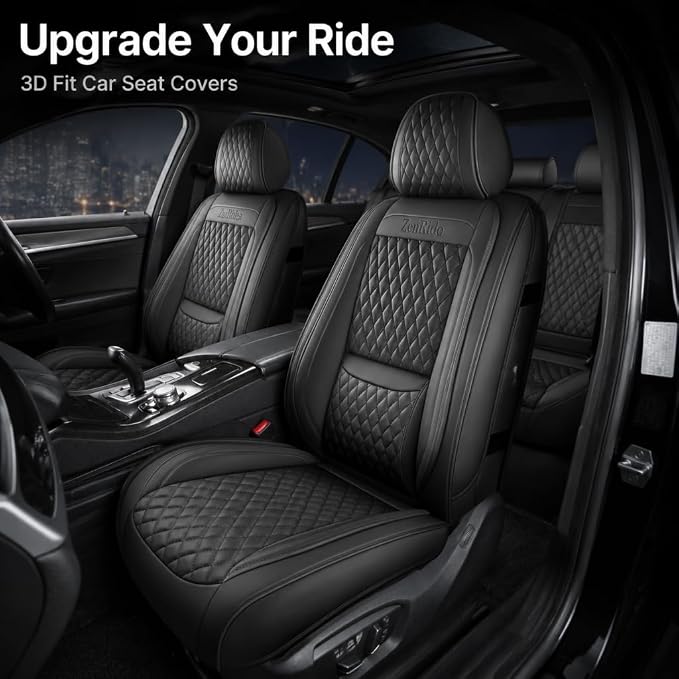 Black Thick Nappa Leather 3D Contoured Automotive Car Seat Covers Full Set | Univerasal Precision Fit,Lumbar Support,3D Contoured,Semi Coverage,Waterproof,ThickTexture,for most Suvs Trucks Sedans