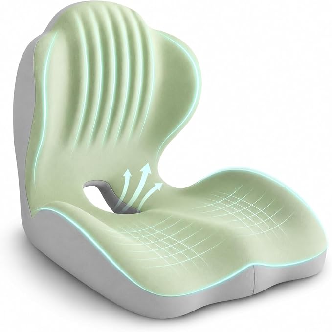Saker Ergonomic Memory Foam Seat Cushion with Back Support, 2-in-1 Coccyx Cutout Chair Pad for Office, Car, Gaming Chair and Wheelchair, Contoured Lumbar Support for Long Sitting (Green)
