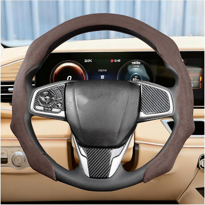 Car Steering Wheel Cover, Soft Brethable Suede Non-Slip Vehicle Steering Wheel Protector, Comfortable Sporty Auto Interior Protection Accessories, Universal for Truck SUV Van (Coffee)