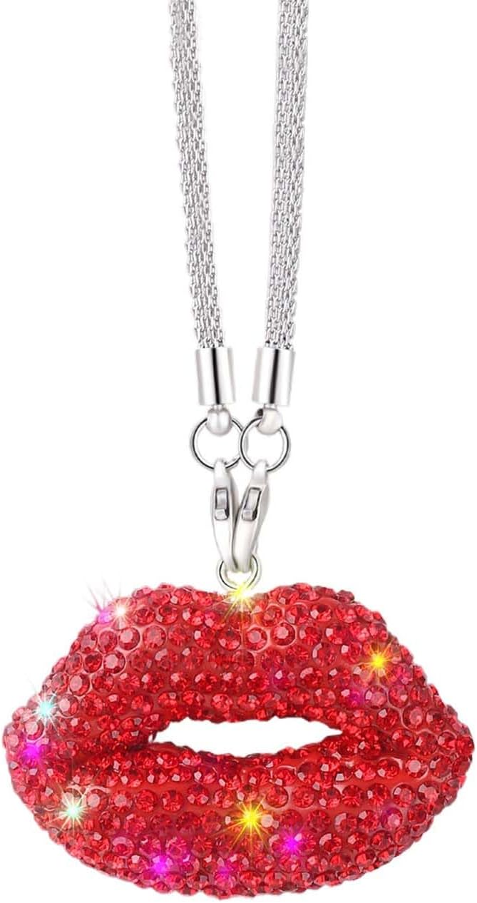 Bling Lip Diamond Car Accessories for Women, Crystal Rear View Mirror Accessories,for Family and Lover,Car Decoration, Valentine's Gift, Lucky Hanging Interior Ornament (Red)