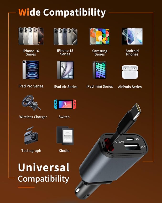 Retractable Car Charger,Car Phone Charger USB C Fast Charge for iPhone | EloBeth Car Charger,Cigarette Lighter USB Charger Car Accessories,Road Trip Essentials Gift for Men,for iPhone 17/16,Galaxy