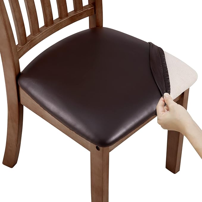 Fuloon Dining Chair Seat Covers 4 PCS, Solid Pu Leather Waterproof Seat Cushion Cover Oilproof Stretch Dining Chair Protctor Slipcover (Pu Dark Brown)