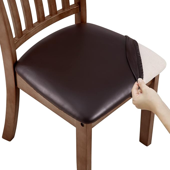 Fuloon Dining Chair Seat Covers 6 PCS, Solid Pu Leather Waterproof Seat Cushion Cover Oilproof Stretch Dining Chair Protctor Slipcover (Pu Dark Brown)