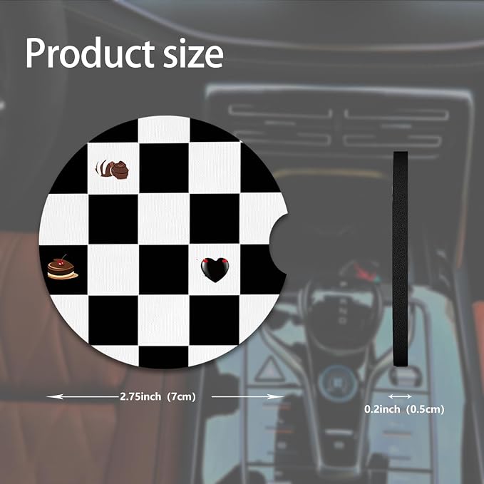 2pcs Black and White Checkerboard Car Coasters,Absorbent Universal neoprener Cup Holder Coasters with a Finger Notch,Car Accessories for Women&Man Interior，2.75"