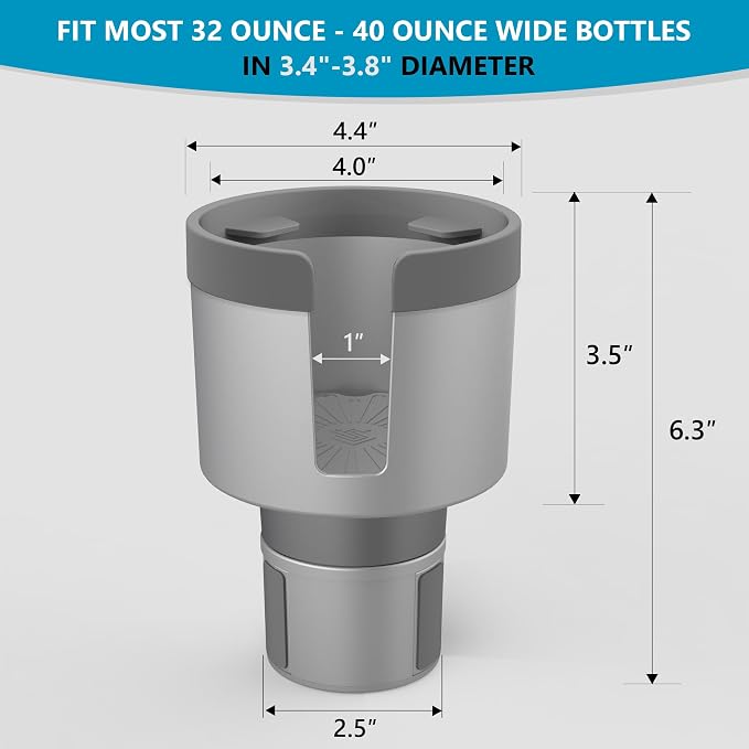 Seven Sparta Car Cup Holder Expander with Offset Adjustable Base, Compatible with Hydro Flasks 32/40 Ounce, Compatible with Yeti Ramblers 20/26/30 Ounce, Other Bottles in 3.4"-3.8" (Gray)