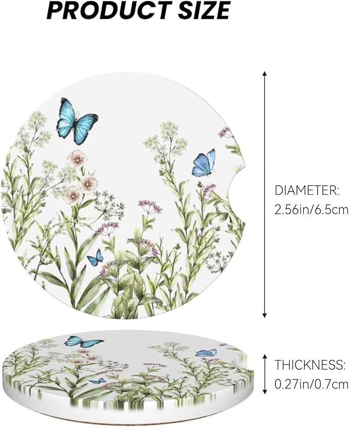 Flower Butterfly Car Cup Holder Coaster 2 Pack - Absorbent Ceramic Coasters With Anti-Slip Cork Base and Finger Notch for Women Men Universal Car Accessories Interior