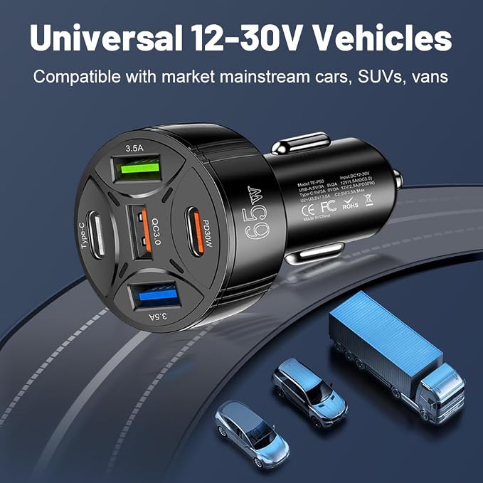 USB C Car Phone Charger Adapter 5 in 1 Multi Port PD30W &QC3.0 Super Fast Charging, 65W Cigarette Lighter USB Charger for iPhone/Android/Samsung/iPad Pro and More (White)