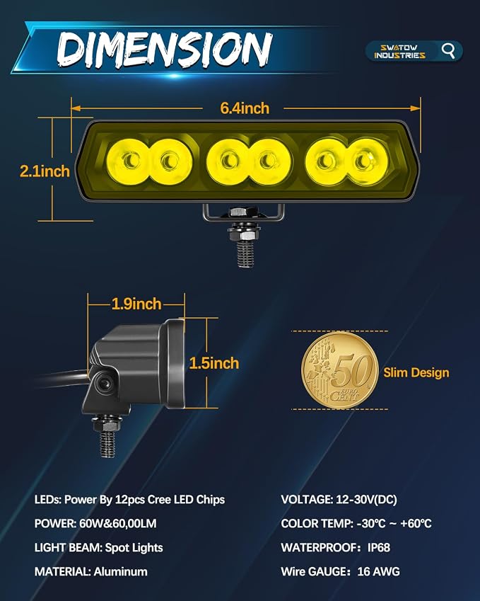 6 Inch Light Bar Yellow, SWATOW INDUSTRIES 6" CREE LED Pods Spot Bumper Mount Work Lights Ditch Pod Lights Yellow Fog Lights for Wrangler F150 Toyota Truck Pickup SUV UTV ATV