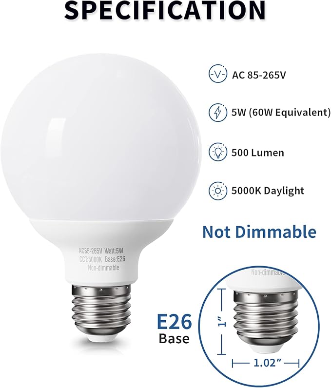8 Pack Daylight LED Globe Light Bulbs for Bathroom, 120V 60 watt Equivalent, E26 Medium Base, Non-Dimmable Vanity Light Bulbs Round, 5000K Bright G25 LED Bulb Over Mirror