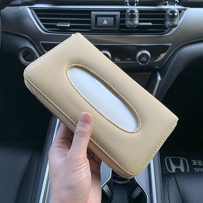 Car Tissue Holder, Sun Visor Napkin Holder, PU Leather Backseat Tissue Case with Zipper (Beige)