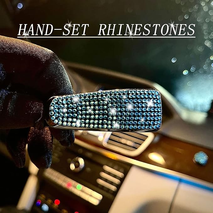 Turcee Set of 2 Bling Rhinestone Car Sun Visor Glasses Holders with Anti-Scratch Sponge,Car Decoration for Women Girls,Ticket Card Clip Visor Organizer (Lake Blue)