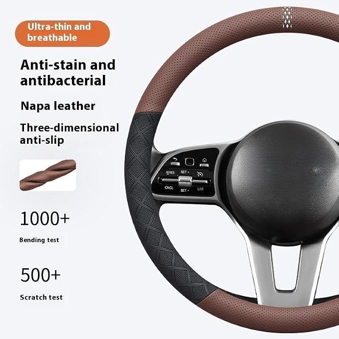 Ultra-Thin Napa Leather Steering Wheel Cover, 15 Inch | Universal fit for most cars and SUVs; two-tone breathable non-bulky cover with 3D anti-slip diamond grip