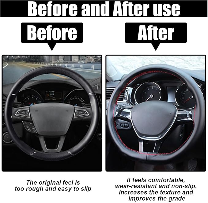 Car Genuine Leather Steering Wheel Cover, DIY Sewing with Needle and Thread, Breathable, and Anti-Slip, Universal 15 Inch Car Steering Wheel Stitching Wrap (Black Red, Glossy)