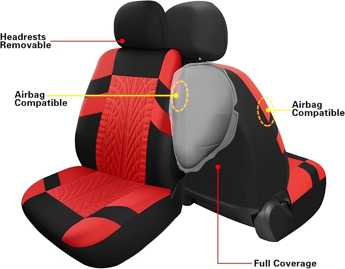 Pariitadin Car Seat Covers Full Set, Washable and Breathable Premium Cloth Automotive Vehicle Seat Cover for Car Interior, Universal Fit for Most Cars, Sedan, Truck, SUV(Black/Red)