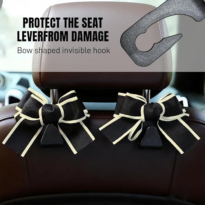 2PCS Car Seat Headrest Hooks, Car Purse Hook, Cute Bow Knot Vehicle Seatback Hanging Storage Organizer, Auto Seatback Decor Organizer Hanger for SUV Truck (White Line)