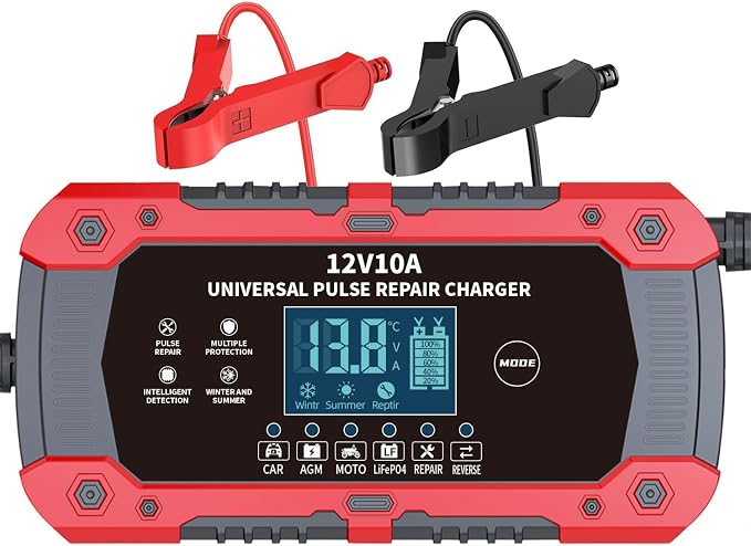 Car Battery Charger 12V 10A - 3-Stage Automatic Trickle Charger Smart Battery Maintainer with LCD Display, Pulse Repair for CAR/AGM/Moto/LiFePO4 Batteries, Compatible with Car Motorcycle ATV